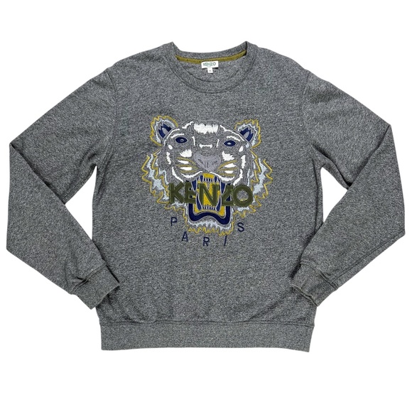 KENZO Tiger Head Embroidered Gray Crewneck Sweatshirt Size Medium - Picture 1 of 9